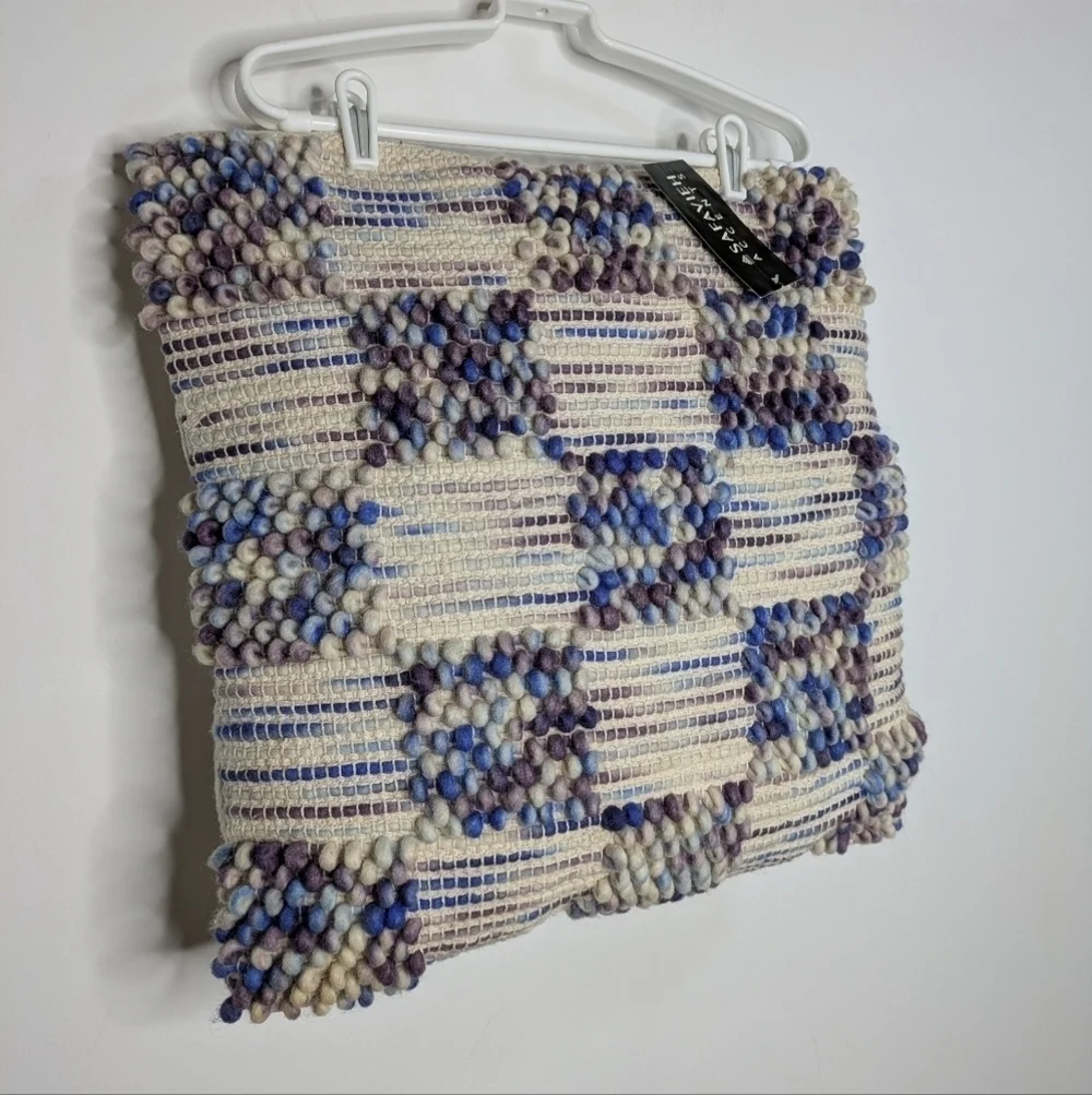 NWT Safavieh cream purple blue woven textured cotton & wool pillow 20x20